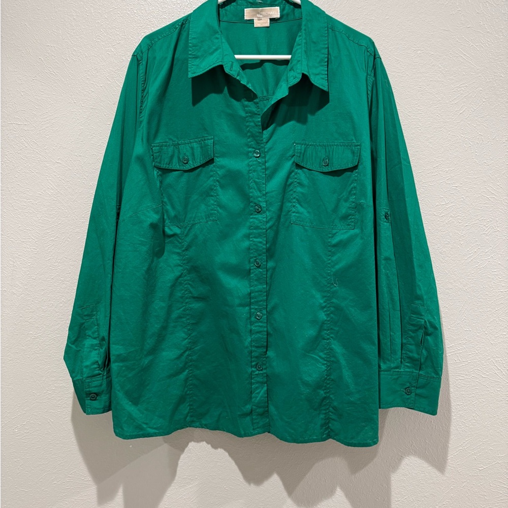 Green Button-Up Shirt. PTP 28”, Length 29”
